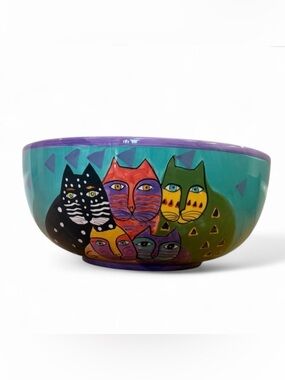 1998 Laurel Burch Vintage Hand Painted Ceramic Multicolor Cat Bowl, Fruit Bowl